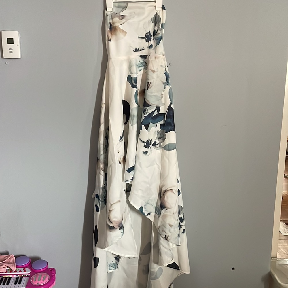 strapless hi-low floral dress